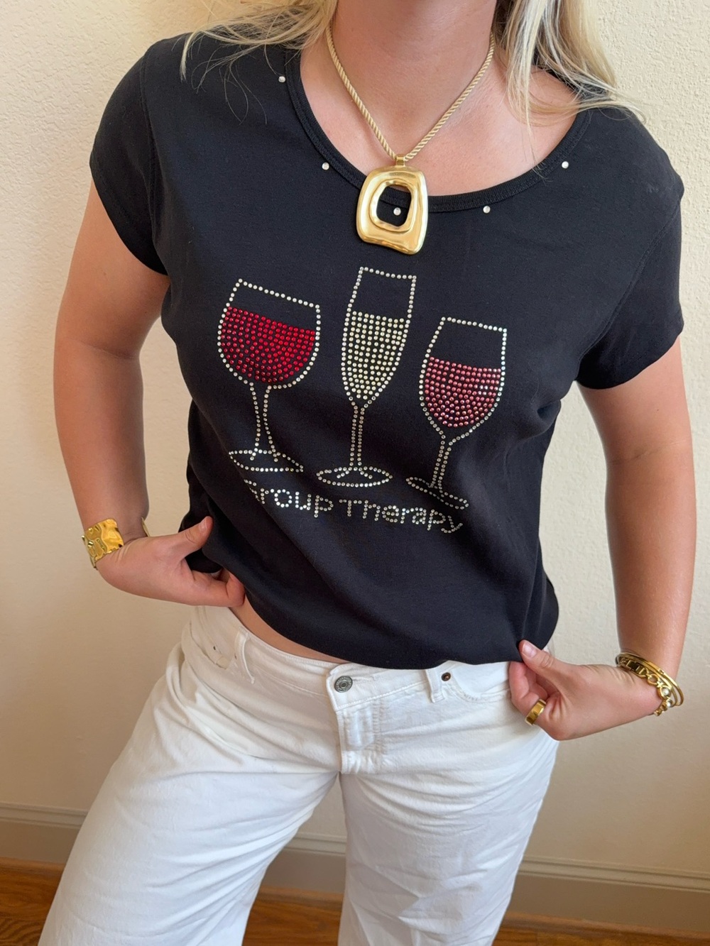 Black rhinestone wine glass group therapy top